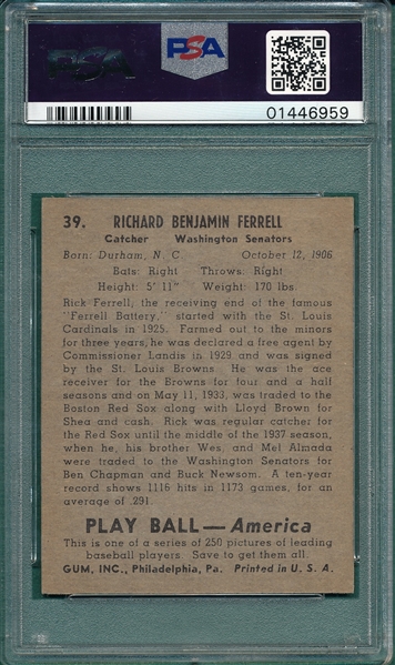 1939 Play Ball #39 Rick Ferrell PSA 8