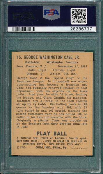 1940 Play Ball #15 George Case PSA 6