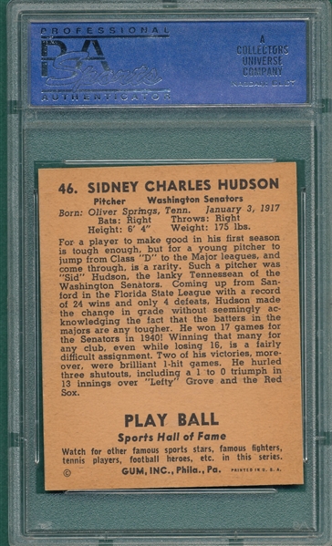 1941 Play Ball #46 Sid Hudson PSA 8