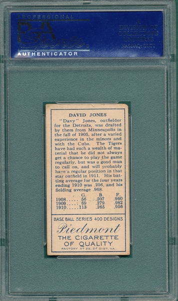 1911 T205 Jones, Davy, Piedmont Cigarettes PSA 4