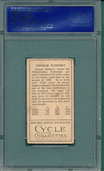 1911 T205 Paskert Cycle Cigarettes PSA 4