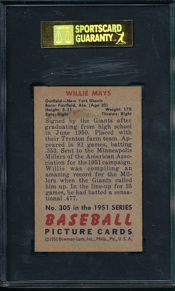 1951 Bowman #305 Willie Mays SGC 70 *Hi #* *Rookie*