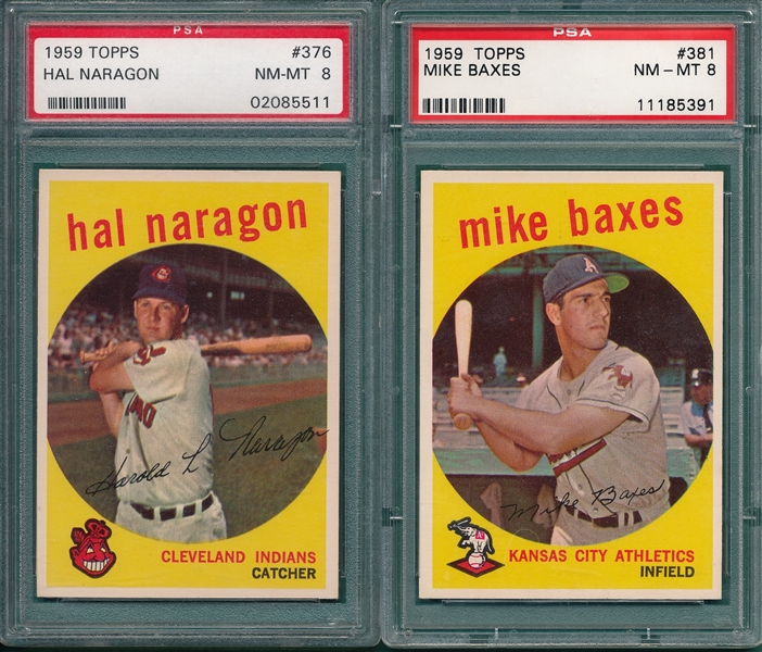 1959 Topps #376 Naragon & #381 Baxes. Lot of (2), PSA 8 