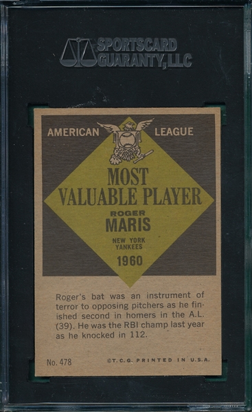 1961 Topps #478 Roger Maris, MVP, SGC 88