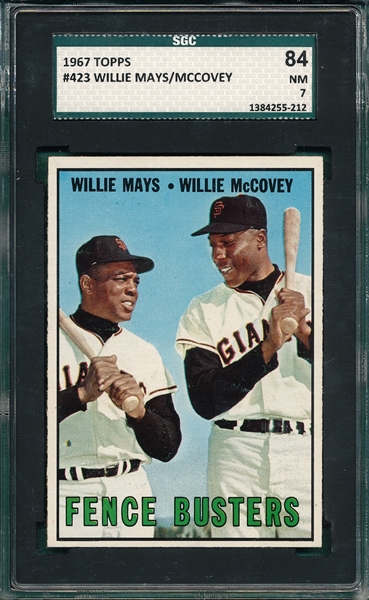 1967 Topps #423 Fence Buster W/ McCovey & Mays, SGC 84