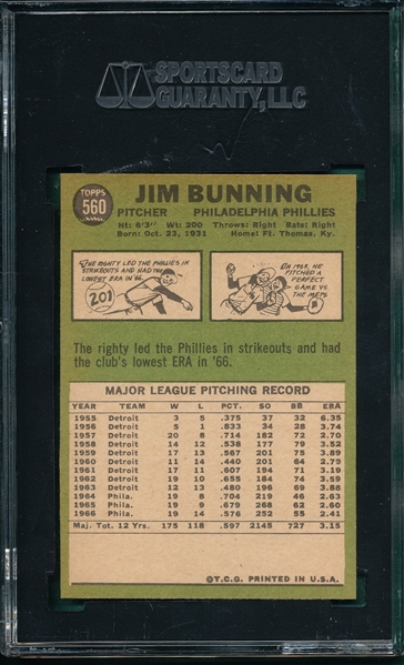 1967 Topps #560 Jim Bunning SGC 86 *Hi #*