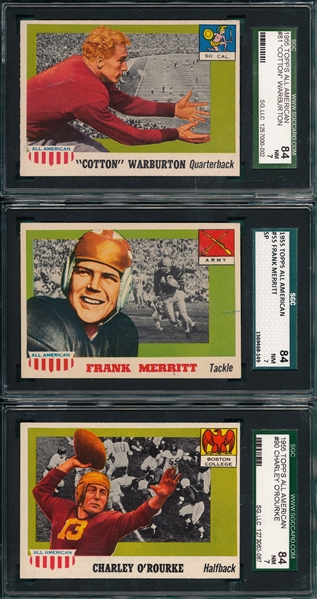 1955 Topps All American FB #55 Merritt, #81 Warburton & #90 O'Rourke, Lot of (3), SGC 84