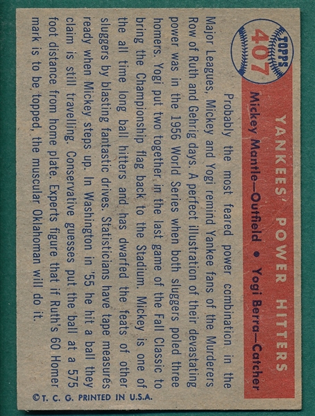 1957 Topps #407 Yankee Power Hitters W/ Berra & Mantle