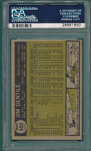 1961 Topps #559 Jim Gentile PSA 8 *Trophy Rookie* *Hi #*