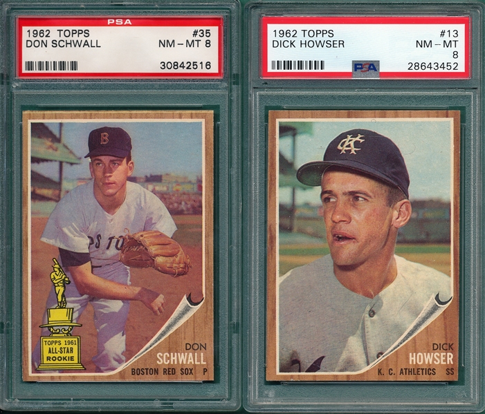 1962 Topps #13 Howser & #35 Schwall, Lot of (2) PSA 8 *Trophy Rookie* 