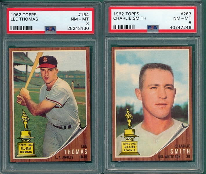 1962 Topps #154 Thomas & #283 Smith, Lot of (2) PSA 8 *Trophy Rookie* 