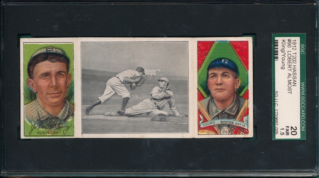 1912 T202 Lobert Almost Caught, Kling/Cy Young, Hassan Cigarettes, SGC 20 *Presents Much Better*