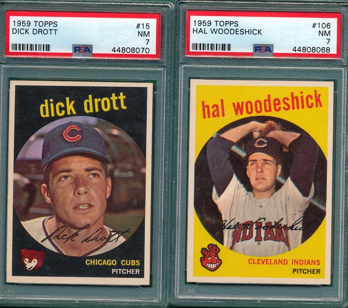 1959 Topps #15 Drott & #106 Woodeschick, Lot of (2), PSA 7