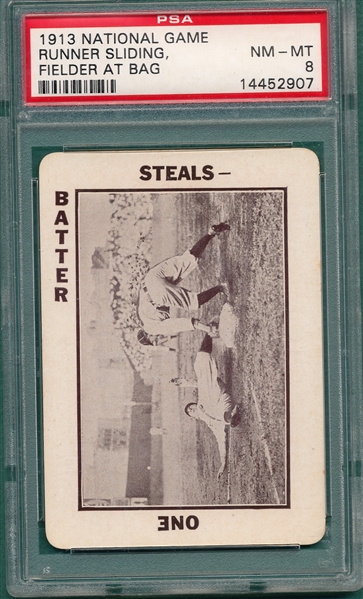 1913 National Game Runner Sliding, Fielder At Bag, PSA 8
