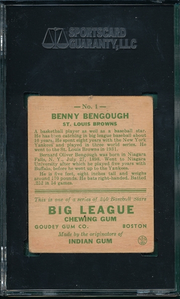 1933 Goudey #1 Benny Bengough SGC 20