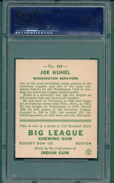1933 Goudey #108 Joe Kuhel PSA 7 (OC)