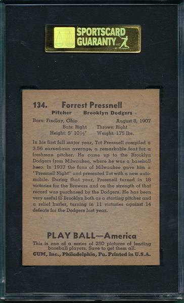 1939 Play Ball #134 Forrest Pressnell SGC 84 *Hi #*