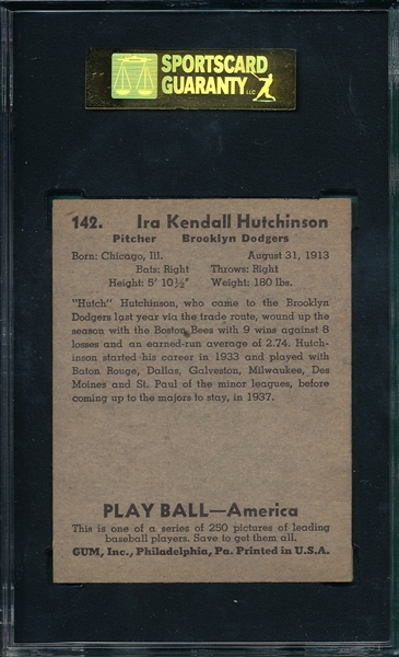 1939 Play Ball #142 Hutch Hutchinson SGC 84 *Hi #*