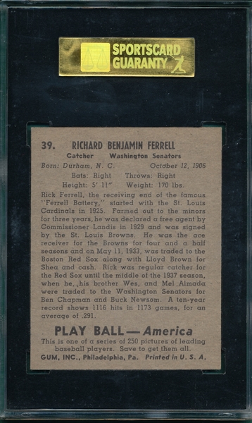 1939 Play Ball #39 Rick Ferrell SGC 80