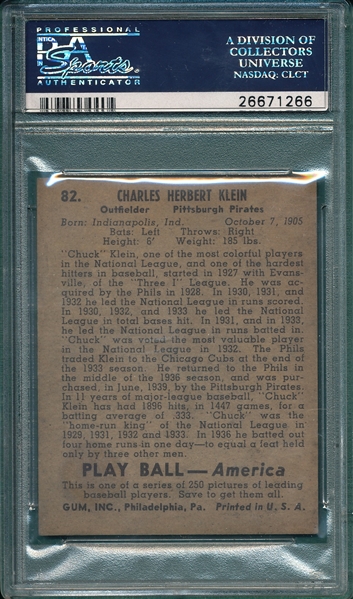 1939 Play Ball #82 Charles Klein PSA 4