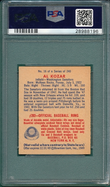 1949 Bowman #16 Al Kozar PSA 8