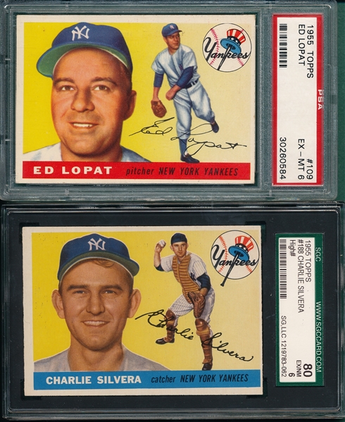 1955 Topps #109 Lopat PSA 6 & #188 Silvera, Hi #, Lot of (2) Yankees