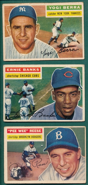 1956 Topps #15 Banks, #110 Berra & #260 Reese, Lot of (3) HOFers