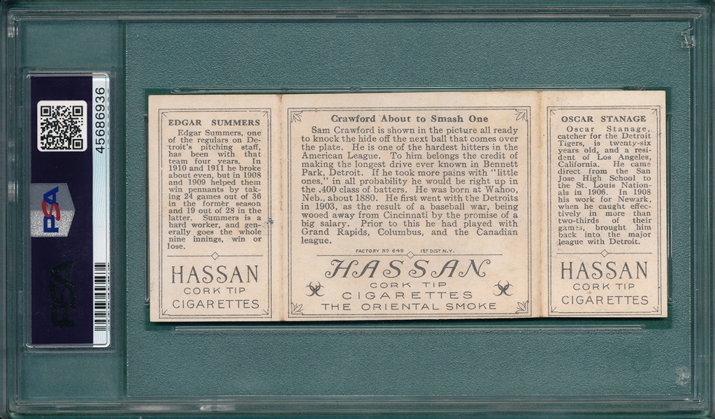 1912 T202 Crawford About To Smash One, Stanage/Summers, Hassan Cigarettes, PSA 5