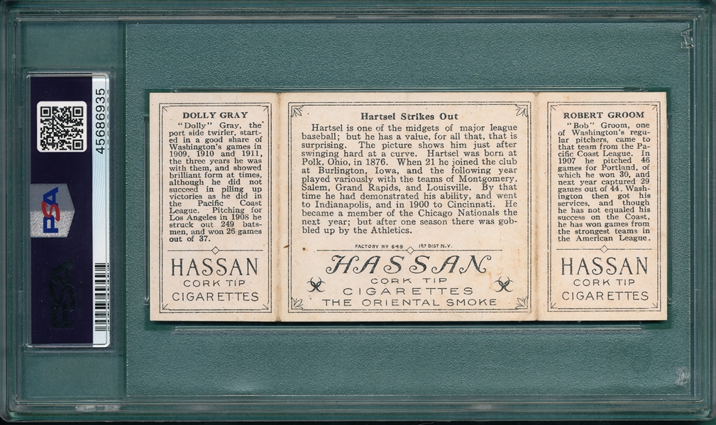 1912 T202 Hartsel Strikes Out, Groom/Gray, Hassan Cigarettes, PSA 5