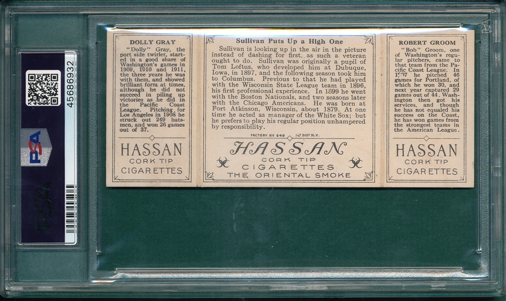 1912 T202 Sullivan Puts Up A High One, Groom/Gray, Hassan Cigarettes, PSA 4.5
