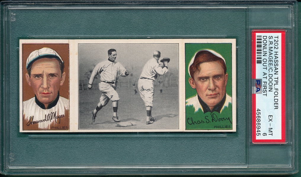 1912 T202 Donlin Out At First, Magee/Dooin, Hassan Cigarettes, PSA 6