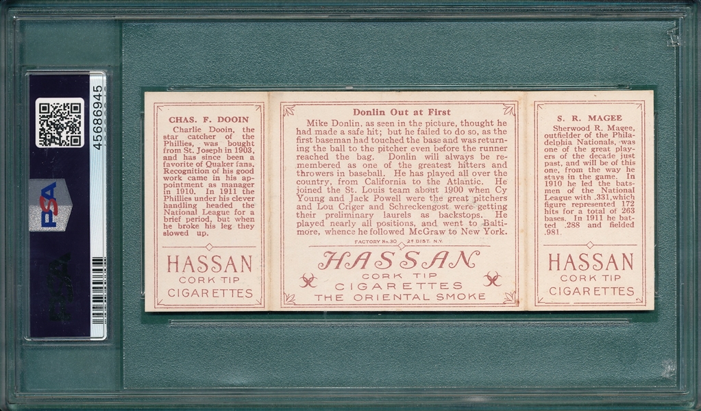 1912 T202 Donlin Out At First, Magee/Dooin, Hassan Cigarettes, PSA 6