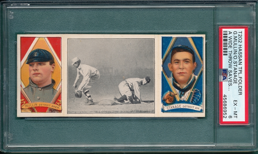 1912 T202 A Wide Throw Saves Crawford, Mullin/Stanage, Hassan Cigarettes, PSA 6