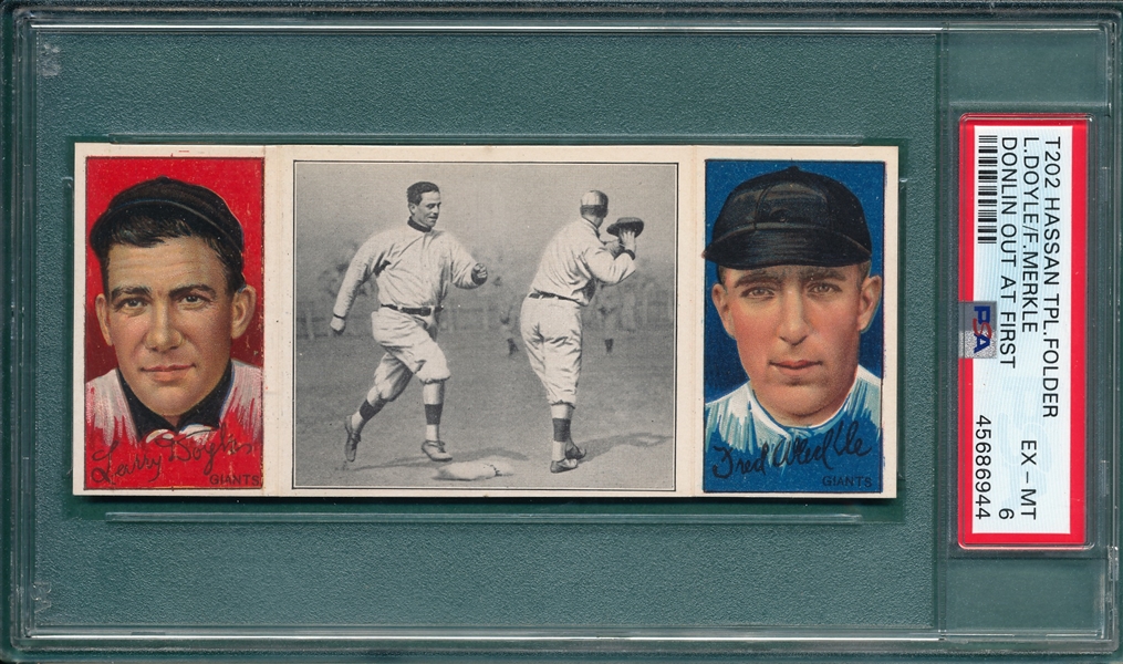 1912 T202 Donlin Out At First, Doyle/Merkle, Hassan Cigarettes, PSA 6