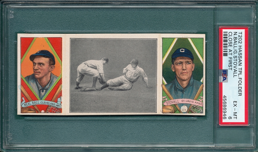 1912 T202 Close At First, Ball/Stovall, Hassan Cigarettes, PSA 6