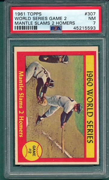 1961 Topps #307 WS Game #2, Mantle Slams 2 Homers, PSA 7
