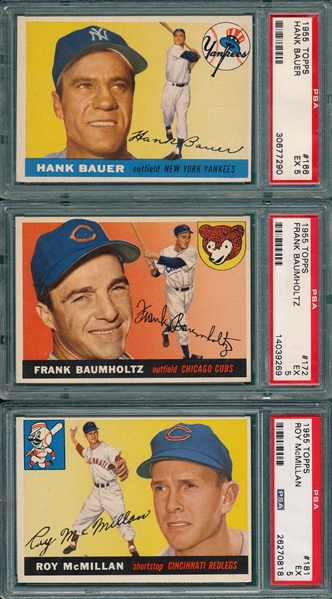 1955 Topps #166 Bauer, #172 Baumholtz & #181 McMillan, Lot of (3) PSA 5 *Hi #*