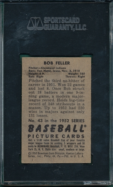 1952 Bowman #43 Bob Feller SGC Authentic