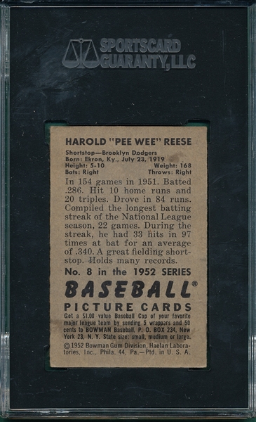 1952 Bowman #8 Pee Wee Reese SGC 2.5