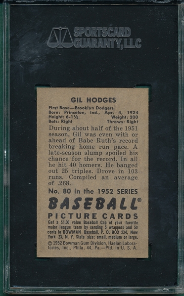 1952 Bowman #80 Gil Hodges SGC 80