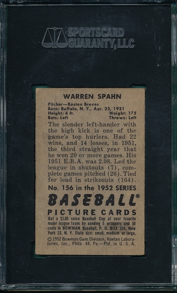 1952 Bowman #156 Warren Spahn SGC 3