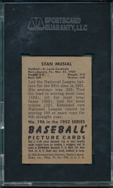 1952 Bowman #196 Stan Musial SGC 5