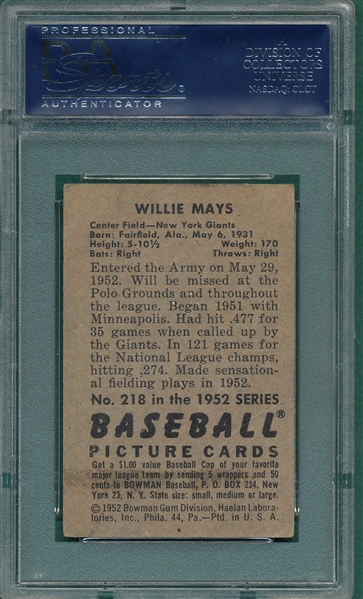 1952 Bowman #218 Willie Mays PSA 3