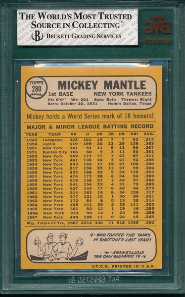 1968 Topps #280 Mickey Mantle BVG 2.5