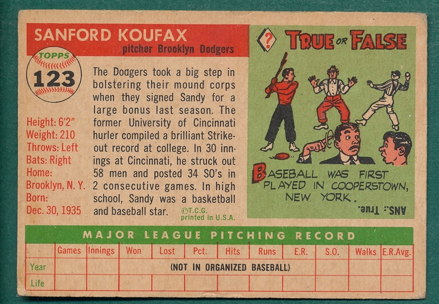 1955 Topps #123 Sandy Koufax *Rookie*