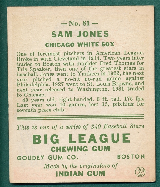 1933 Goudey #81 Sam Jones 