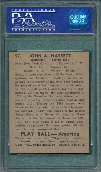 1939 Play Ball #57 Hassett, Upper Case, PSA 8
