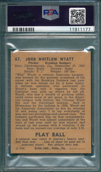 1940 Play Ball #67 Whit Wyatt PSA 8 