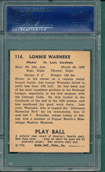 1940 Play Ball #114 Lon Warneke PSA 8 