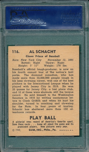 1940 Play Ball #116 Al Schacht PSA 8 (OC)